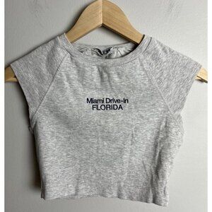 Zara Miami Drive-In Florida Grey Ribbed Cropped T-Shirt Size Medium Women’s